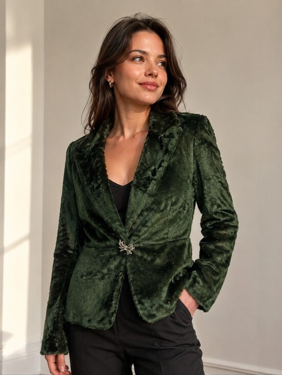 Vintage Jackets & Blazers - Velvet vintage Fuzzy Soft Blazer Evening Jacket w/Brooch